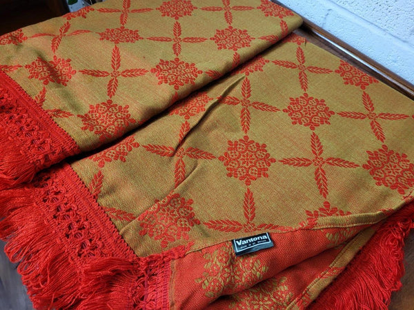 Beautiful Unused Vintage Vantona 70's Double Bedspread Gold & Red Mid-Century