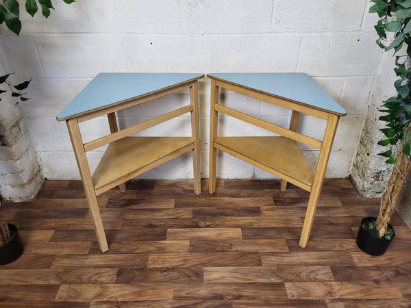 Pair Of Vintage Mid-Century Wooden & Blue Formica Side Corner Tables Scandi MCM