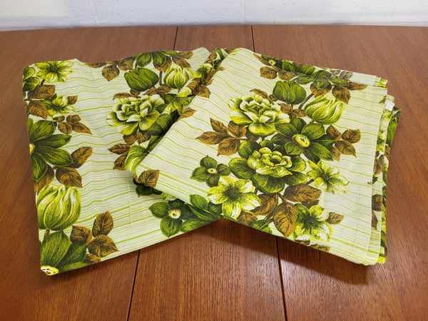 Beautiful Vintage 70's Mid-Century Curtains Green & Brown Floral 178cm Drop