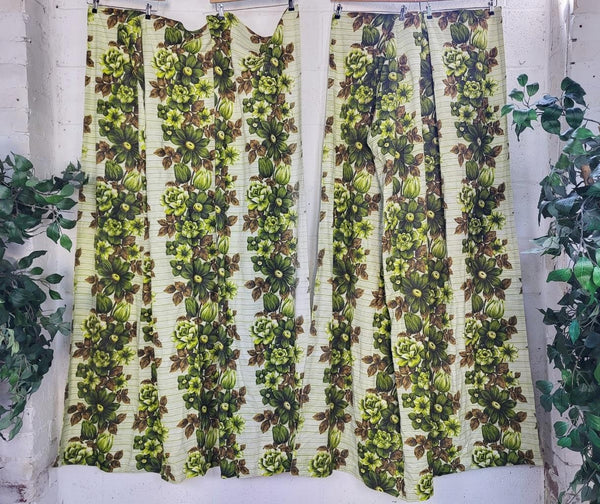 Beautiful Vintage 70's Mid-Century Curtains Green & Brown Floral 178cm Drop