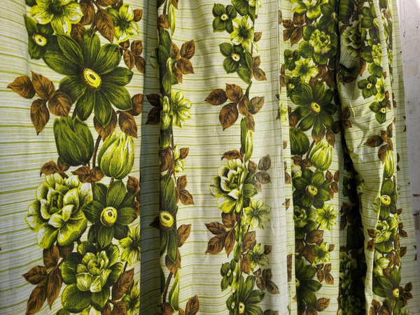 Beautiful Vintage 70's Mid-Century Curtains Green & Brown Floral 178cm Drop