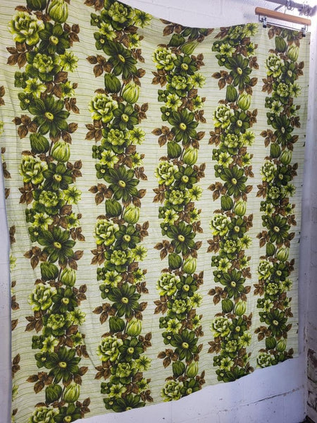 Beautiful Vintage 70's Mid-Century Curtains Green & Brown Floral 178cm Drop