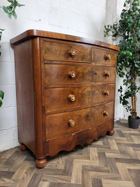 Beautiful Antique Victorian Large Mahogany & Walnut Chest Of Drawers Bow Fronted