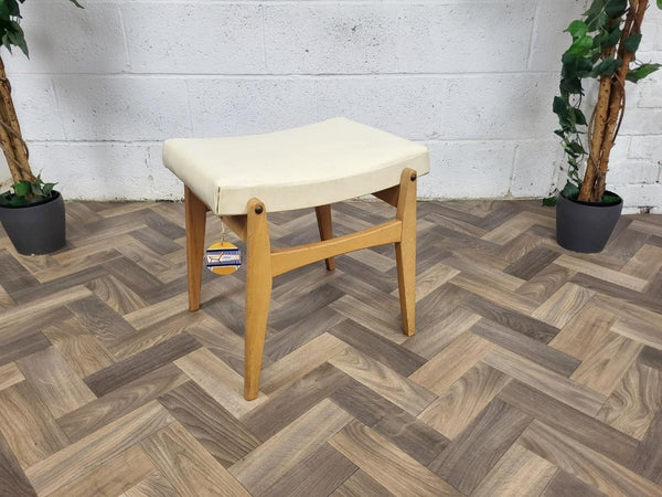 Vintage Mid-Century Beech & White Vinyl Dressing Table Stool Retro MCM