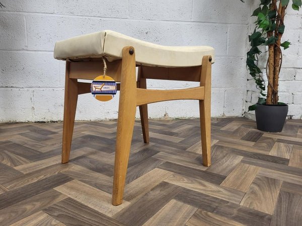 Vintage Mid-Century Beech & White Vinyl Dressing Table Stool Retro MCM