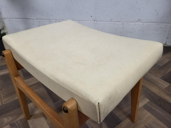 Vintage Mid-Century Beech & White Vinyl Dressing Table Stool Retro MCM