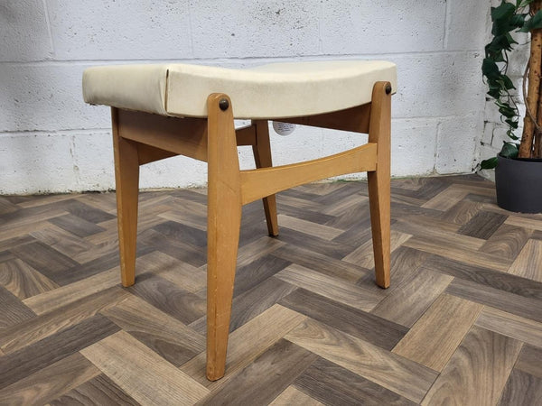 Vintage Mid-Century Beech & White Vinyl Dressing Table Stool Retro MCM