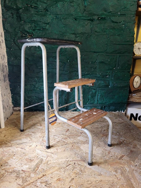 Vintage Mid-Century Folding Step Stool Chrome & Black Vinyl Industrial