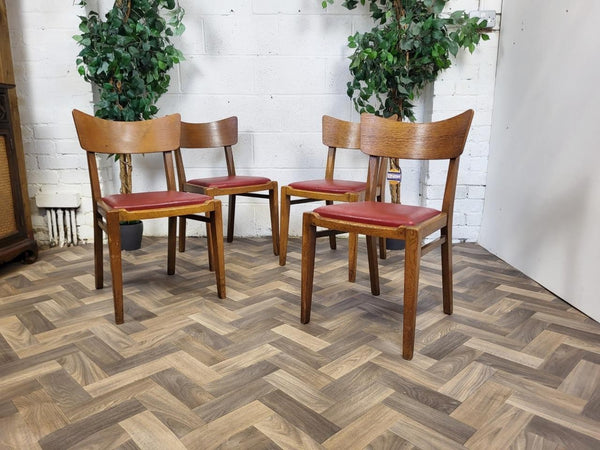 Set Of 4 Vintage G Plan Brandon Dining Chairs Oak & Red Vinyl Mid-Century 50's