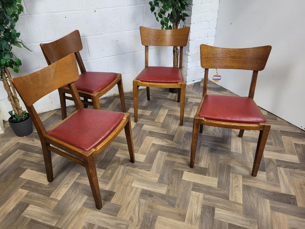 Set Of 4 Vintage G Plan Brandon Dining Chairs Oak & Red Vinyl Mid-Century 50's