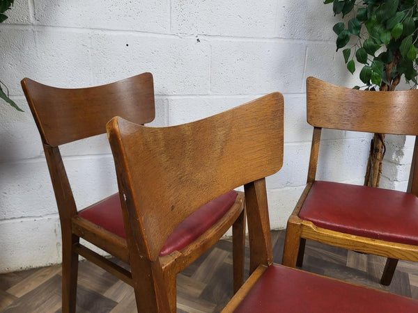 Set Of 4 Vintage G Plan Brandon Dining Chairs Oak & Red Vinyl Mid-Century 50's