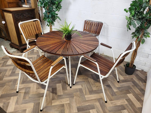Vintage Mid-Century Daneline White Metal & Teak Table & Chair Set Danish Scandi