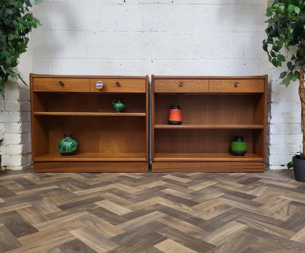 Pair Vintage Nathan Squares Parker Knoll Teak Slim Bookcase Cabinet Mid-Century