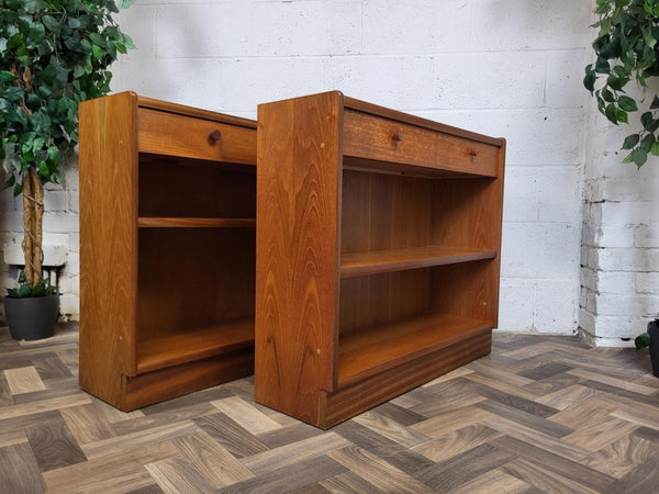 Pair Vintage Nathan Squares Parker Knoll Teak Slim Bookcase Cabinet Mid-Century