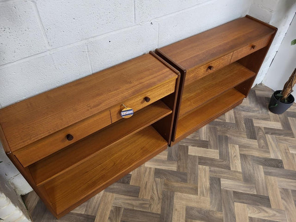 Pair Vintage Nathan Squares Parker Knoll Teak Slim Bookcase Cabinet Mid-Century