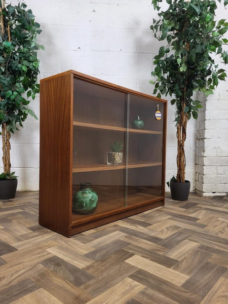 Vintage Mid-Century Teak & Glass Slim Small Bookcase Danish Scandi Retro MCM