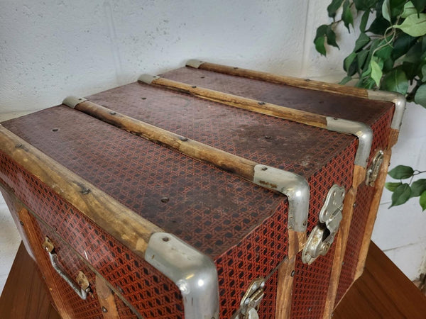 Antique Vintage 1900's Red Faux Bamboo Tin & Wood Chest Steamer Trunk