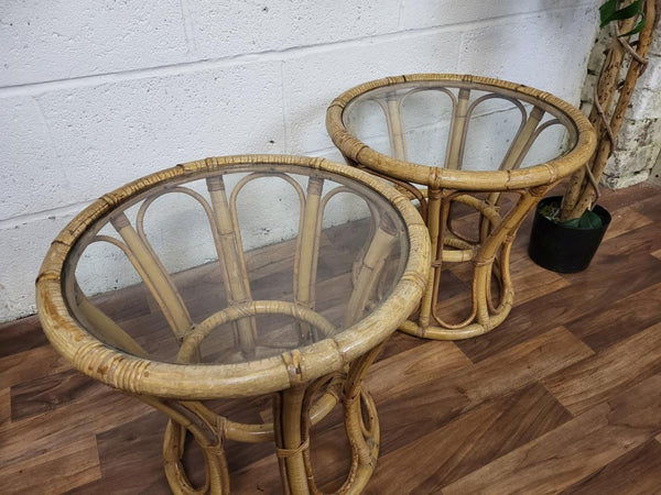 Pair Of Vintage Mid-Century Bamboo & Glass Round Side Tables Bedside Scandi MCM