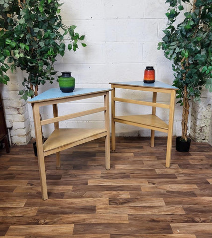 Pair Of Vintage Mid-Century Wooden & Blue Formica Side Corner Tables Scandi MCM