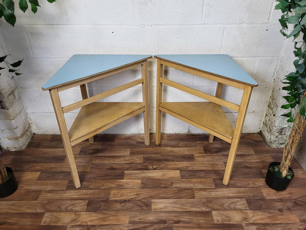 Pair Of Vintage Mid-Century Wooden & Blue Formica Side Corner Tables Scandi MCM