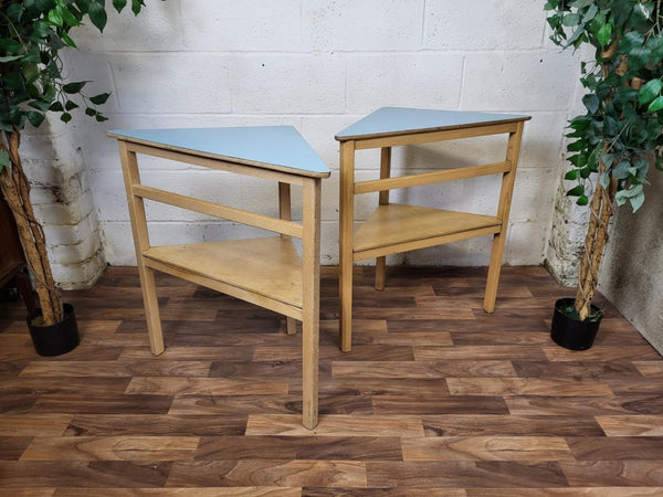 Pair Of Vintage Mid-Century Wooden & Blue Formica Side Corner Tables Scandi MCM