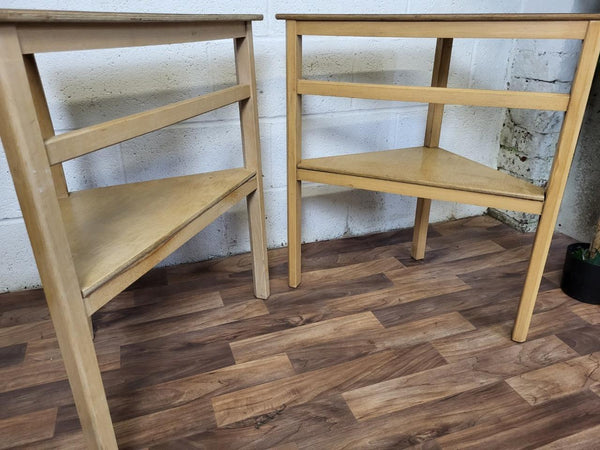 Pair Of Vintage Mid-Century Wooden & Blue Formica Side Corner Tables Scandi MCM
