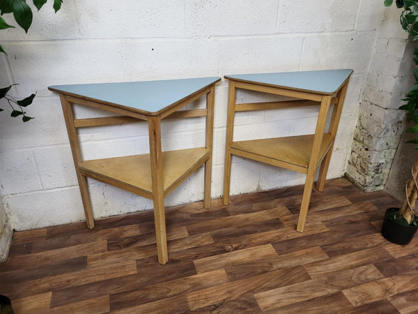 Pair Of Vintage Mid-Century Wooden & Blue Formica Side Corner Tables Scandi MCM
