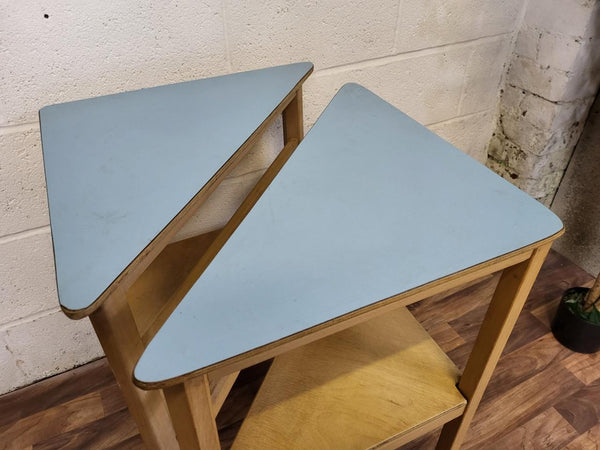 Pair Of Vintage Mid-Century Wooden & Blue Formica Side Corner Tables Scandi MCM