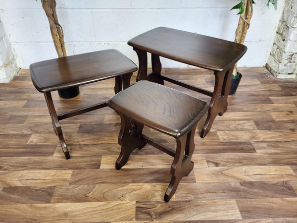 Vintage Ercol Chantry Nest Of 3 Tables Solid Elm Wood Dark Stain 498
