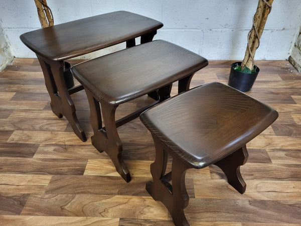 Vintage Ercol Chantry Nest Of 3 Tables Solid Elm Wood Dark Stain 498