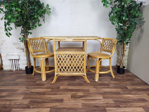 Vintage Bamboo Rattan Bistro Set Table & 2 Chairs Retro Tiki Boho Scandi