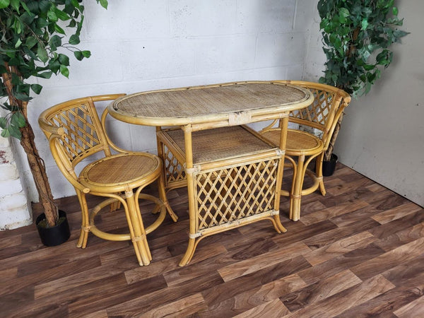 Vintage Bamboo Rattan Bistro Set Table & 2 Chairs Retro Tiki Boho Scandi