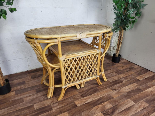 Vintage Bamboo Rattan Bistro Set Table & 2 Chairs Retro Tiki Boho Scandi