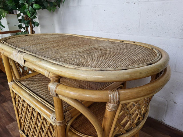 Vintage Bamboo Rattan Bistro Set Table & 2 Chairs Retro Tiki Boho Scandi