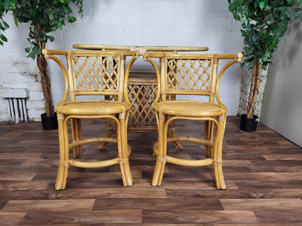 Vintage Bamboo Rattan Bistro Set Table & 2 Chairs Retro Tiki Boho Scandi