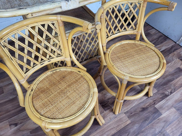 Vintage Bamboo Rattan Bistro Set Table & 2 Chairs Retro Tiki Boho Scandi