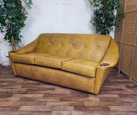 Vintage Mid-Century 3 Seater Sofa Mustard Yellow Vinyl & Teak Retro 60's Couch