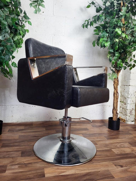 Vintage Art Deco Style Black Leather & Chrome Barbers Swivel Chair Mancave Retro