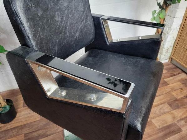 Vintage Art Deco Style Black Leather & Chrome Barbers Swivel Chair Mancave Retro