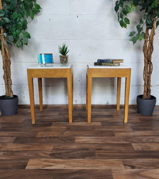 Pair Of Vintage Mid-Century Bespoke Oak Bedside Tables With White & Gold Quartz