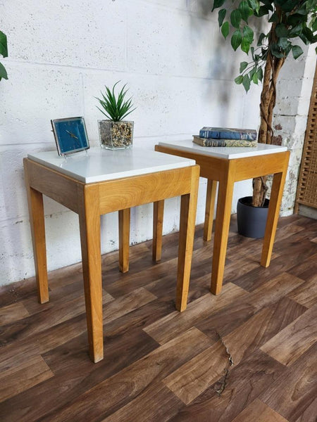 Pair Of Vintage Mid-Century Bespoke Oak Bedside Tables With White & Gold Quartz