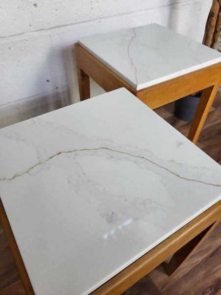 Pair Of Vintage Mid-Century Bespoke Oak Bedside Tables With White & Gold Quartz