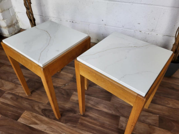 Pair Of Vintage Mid-Century Bespoke Oak Bedside Tables With White & Gold Quartz
