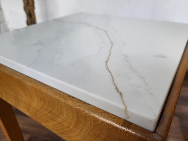 Pair Of Vintage Mid-Century Bespoke Oak Bedside Tables With White & Gold Quartz