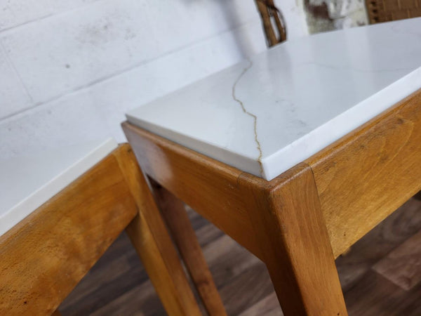 Pair Of Vintage Mid-Century Bespoke Oak Bedside Tables With White & Gold Quartz