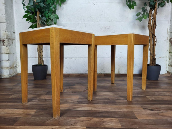 Pair Of Vintage Mid-Century Bespoke Oak Bedside Tables With White & Gold Quartz