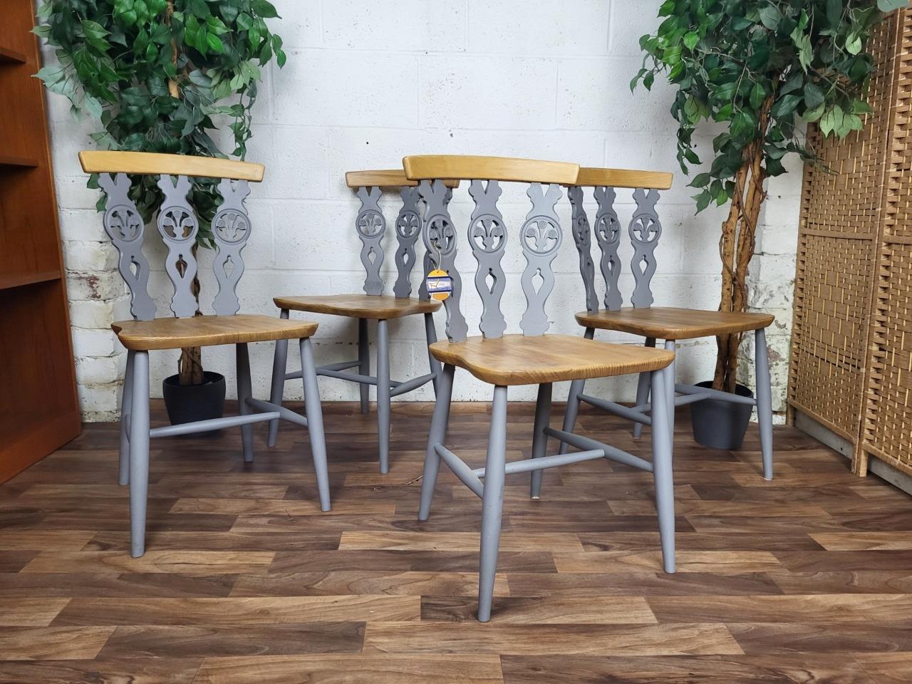 Set x4 Ercol Vintage Dining Chairs Fleur De Lys Grey & Blonde Elm Mid-Century