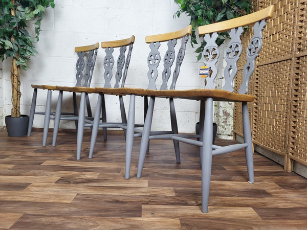 Set x4 Ercol Vintage Dining Chairs Fleur De Lys Grey & Blonde Elm Mid-Century