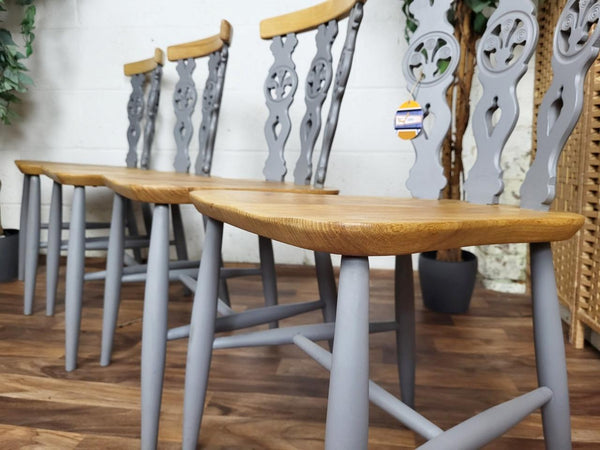 Set x4 Ercol Vintage Dining Chairs Fleur De Lys Grey & Blonde Elm Mid-Century