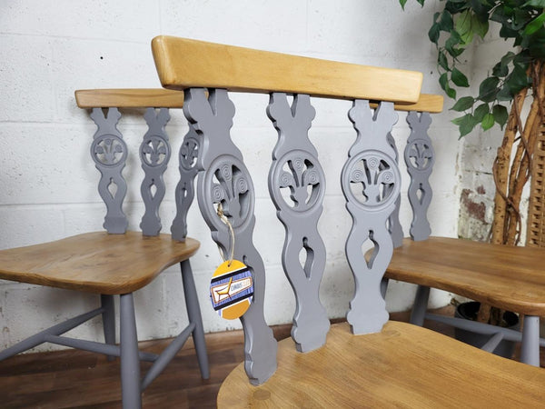 Set x4 Ercol Vintage Dining Chairs Fleur De Lys Grey & Blonde Elm Mid-Century